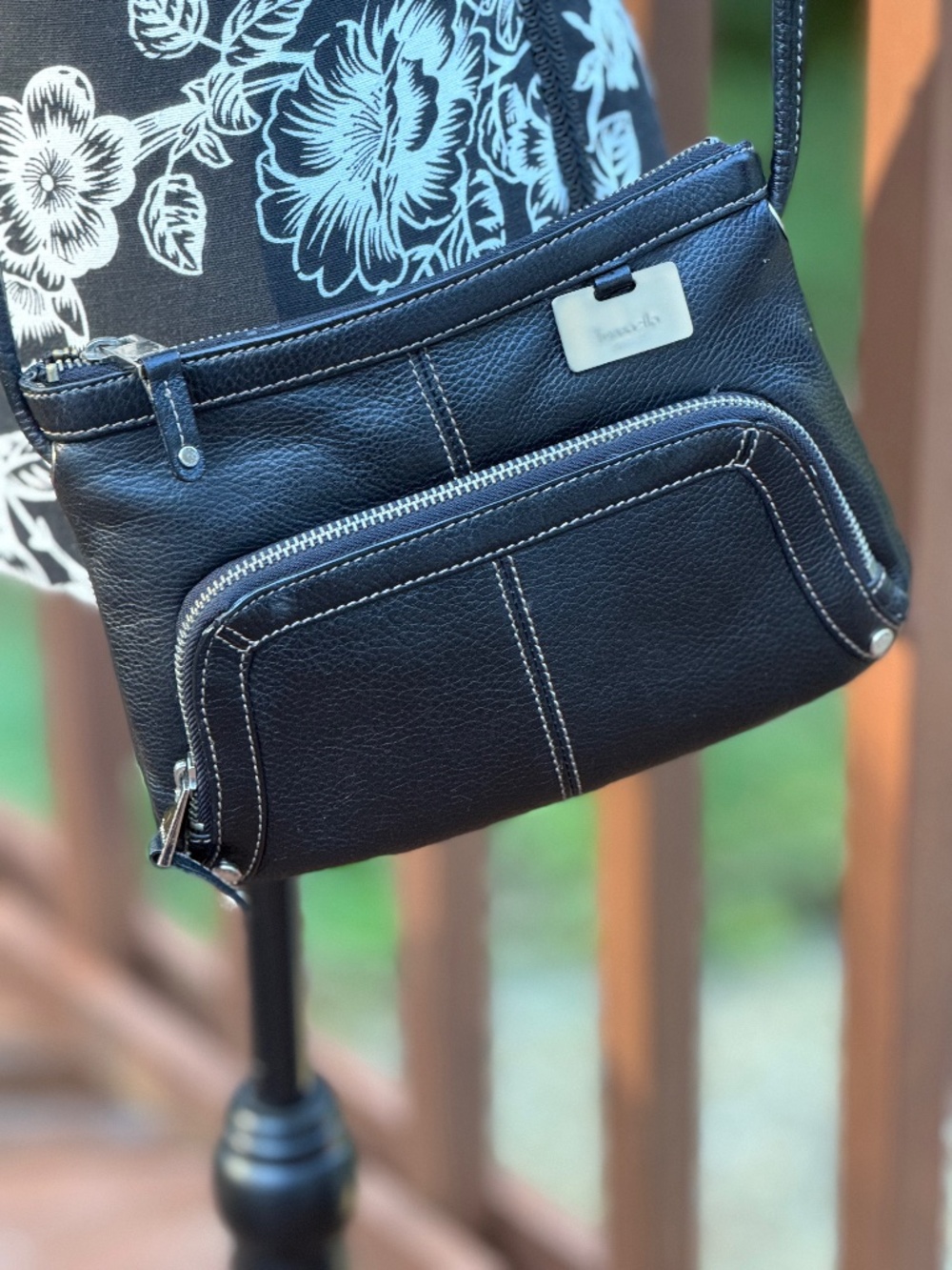 Tignanello Black Leather Multi Pocket Crossbody Bag Contrast Stitching
